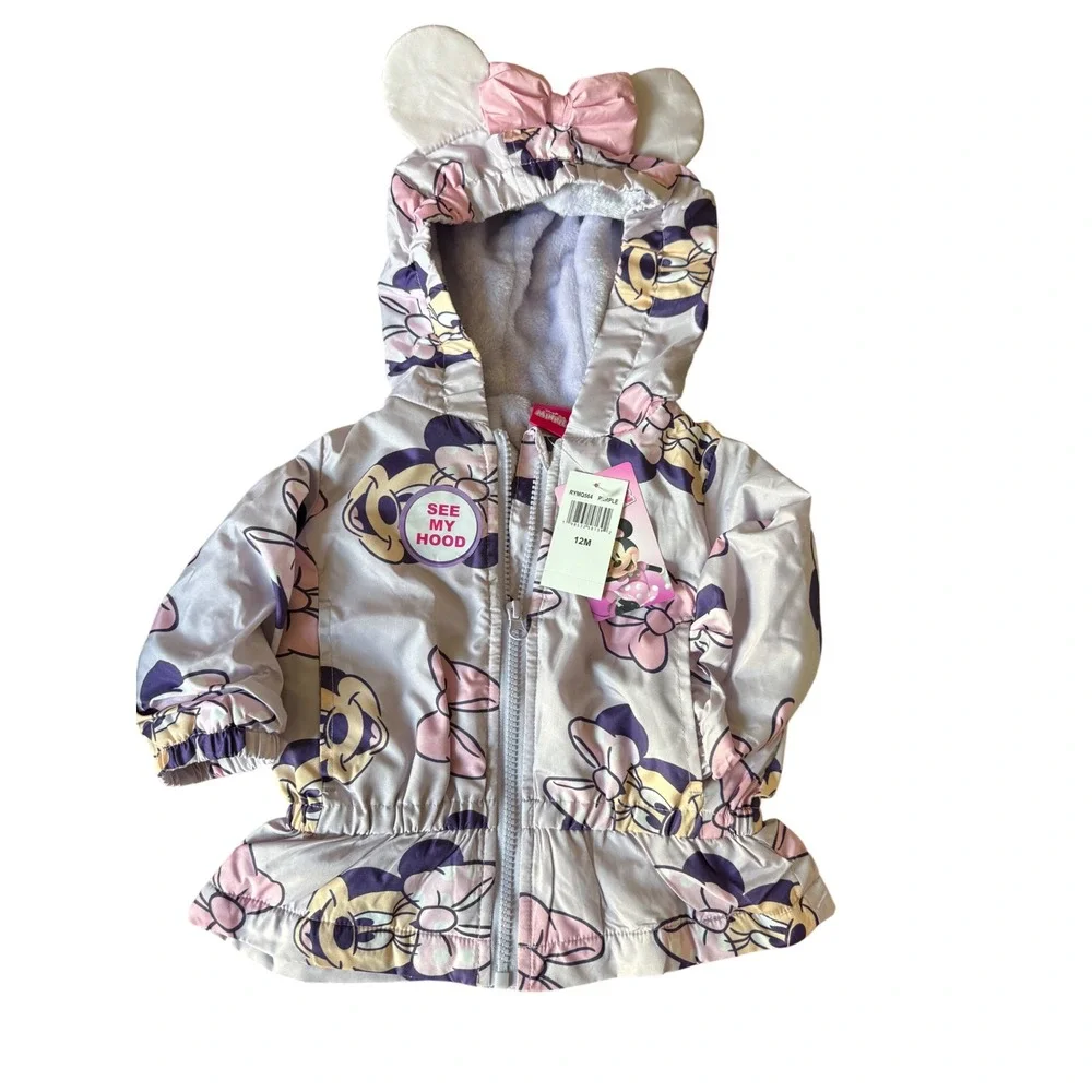 Disney Minnie Mouse Hooded Windbreaker Jacket Purple 3D Ears Bow Girls 12M NWT